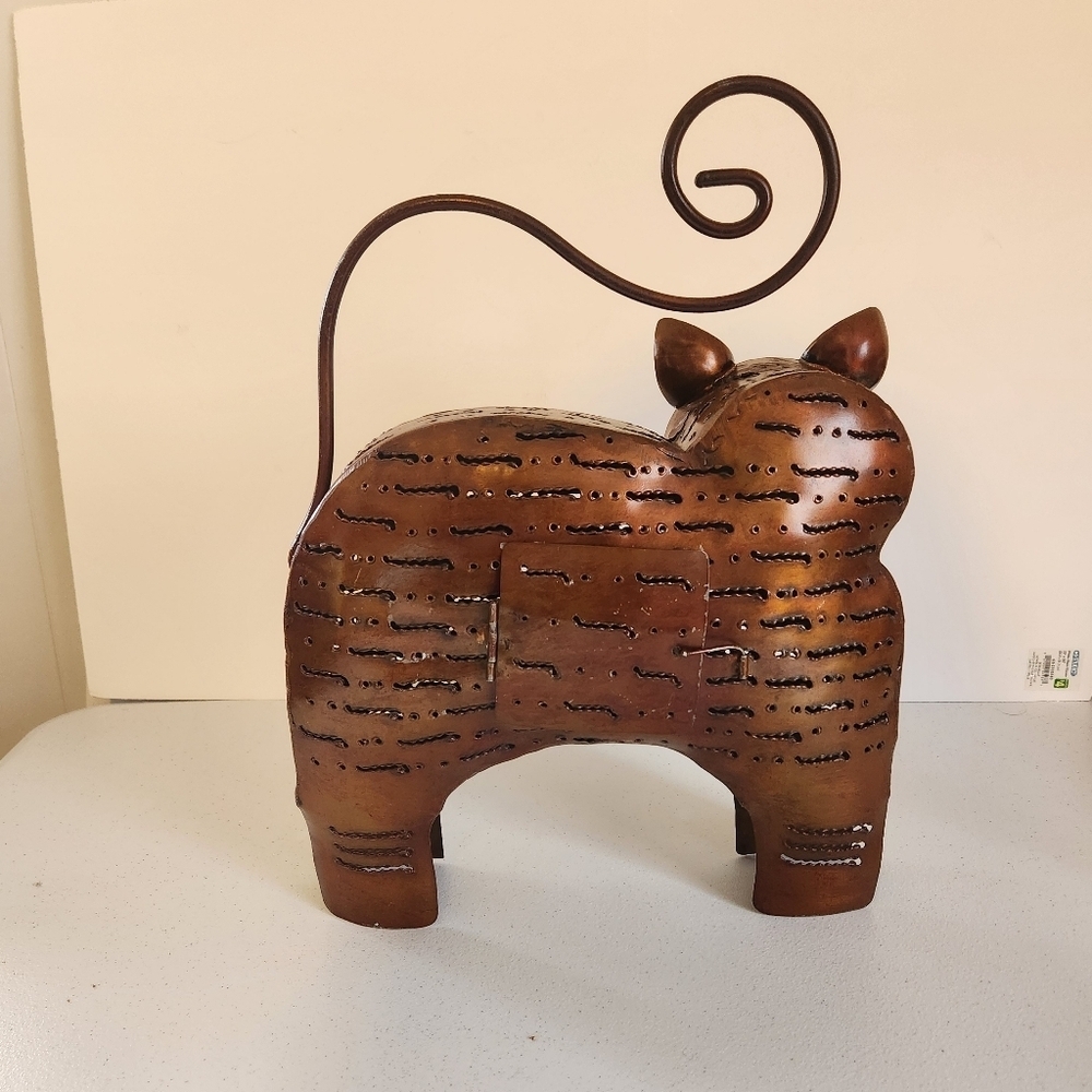 Vintage Folk art Fat Cat Cut Out Bronze Painted Metal Lantern Candle Holder Boho - Picture 4 of 6